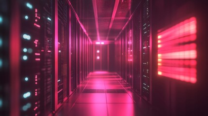 Futuristic data center corridor illuminated by vibrant pink and blue lights, showcasing advanced technology and sleek design.