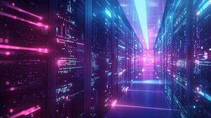 Futuristic server room with vibrant neon lights and advanced technology, showcasing data flow in a digital environment.
