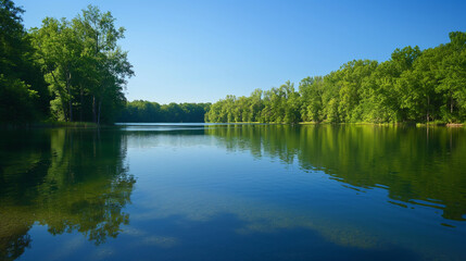 Clean Water: A serene lake or river with clear water, surrounded by trees, water conservation, with copy space