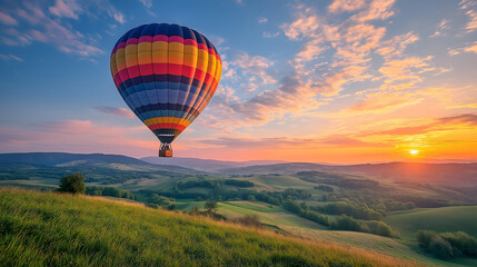 Hot air balloon in the sky, sunrise ballooning, nature landscape