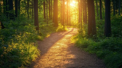 Fototapeta premium A serene forest path bathed in golden sunlight, inviting exploration and tranquility amidst lush greenery and tall trees.