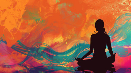 Silhouette of a person meditating against a vibrant abstract background