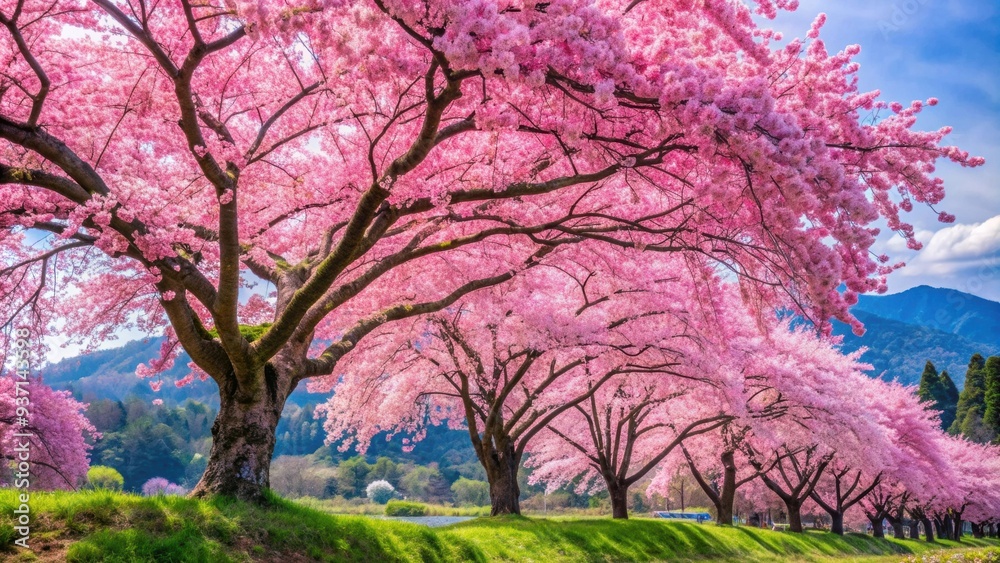 Poster Beautiful pink cherry blossom tree season in Japan sky, cherry blossom, pink, tree, spring, Japan, sakura, scenery, nature