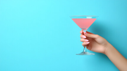 female hand holding a cocktail glass, symbolizing celebration, relaxation, and socializing, with an empty caption space for customization