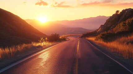 A tranquil road winding through stunning mountains at sunset, showcasing vibrant colors and a peaceful atmosphere.