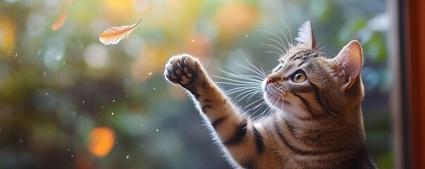 A cat swatting at a falling feather, its paw caught midswipe, soft focus, indoor setting, bright colors, playful atmosphere
