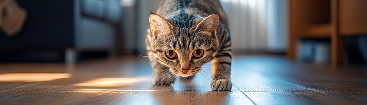 A cat playing with a laser pointer on a wooden floor in a modern apartment, sharp focus, sleek design, indoor setting, warm lighting