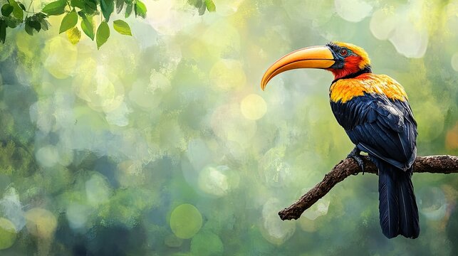 Great Indian hornbill perched on a branch, with ample copy space.