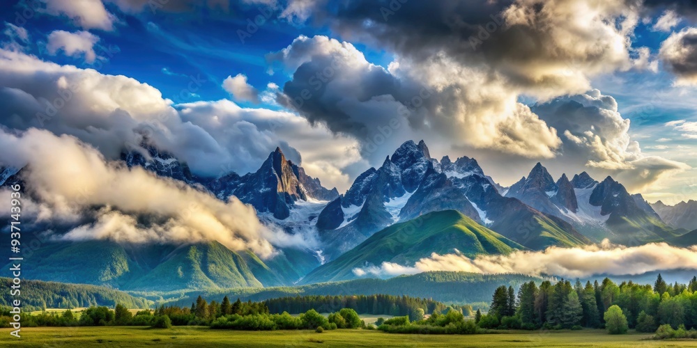 Wall mural Scenic landscape featuring fluffy clouds hovering over majestic mountains, nature, beauty, outdoors, sky, panoramic