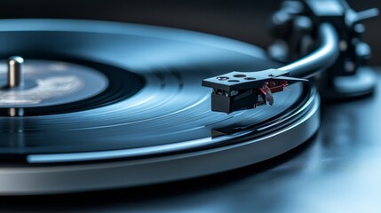 Close-up of a vintage vinyl record spinning on a turntable, capturing the essence of music nostalgia and classic sound.