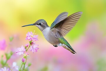 A hummingbird hovering in place, wings a blur, while sipping nectar from a flower, sharp focus on the bird, bright colors, natural light, closeup shot