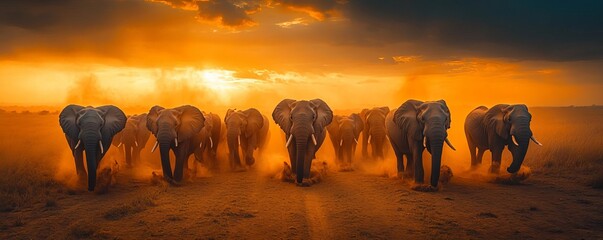 A herd of elephants moving across the savannah, kicking up dust as they walk, warm tones, dynamic shot, natural setting, sunset lighting