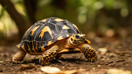 Obraz premium Indian star tortoise crawling on the ground, with space for text.