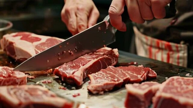 A butcher cutting meat into small pieces with an electric knife.High quality HD 4K video clips 