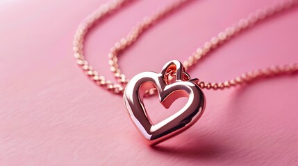On a pink background a rose gold pendant necklace shaped like hearts