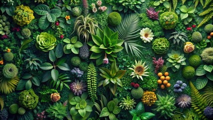 Fototapeta premium Lush green wallpaper featuring an array of peculiar flowers and plants, green, wallpaper, plants, flowers, nature, unique