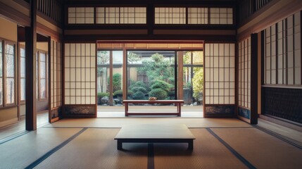 Minimalist design of a traditional Japanese living room, showcasing elegant simplicity and a peaceful atmosphere in its decor.