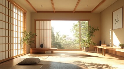 Minimalist design of a traditional Japanese living room, showcasing elegant simplicity and a peaceful atmosphere in its decor.