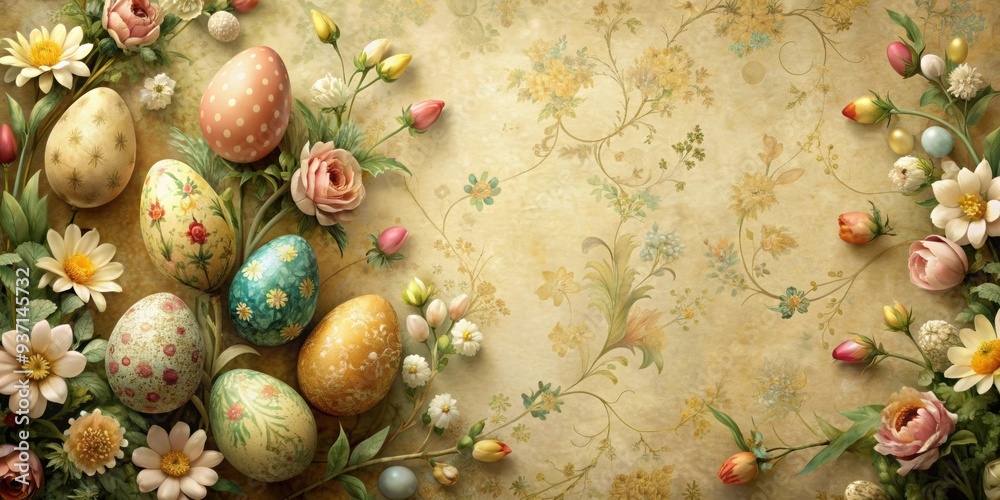 Canvas Prints Antique style wallpaper featuring Easter eggs and flowers, Easter, eggs, flowers, vintage, retro, antique