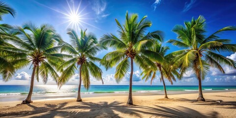 Fototapeta premium Palm trees swaying on a sunny beach , tropical, summer, vacation, paradise, exotic, coast, relaxation, ocean, sky, sand, travel
