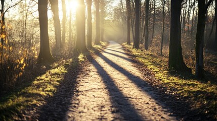Fototapeta premium Morning sun casting long shadows on a quiet path, with ample copy space.