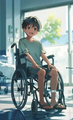 Obraz premium A cheerful boy in a wheelchair smiles warmly, basking in sunlight streaming through a hospital window