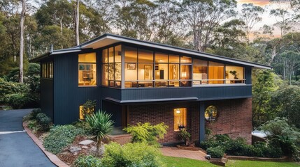 A modern home with a brick facade and large windows overlooking a lush, green forest.