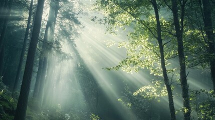 Obraz premium Morning sunlight streaming through forest trees with soft rays, leaving space for copy.