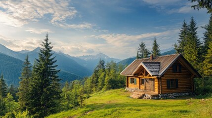 Fototapeta premium Mountain cabin with breathtaking views, with space for text.
