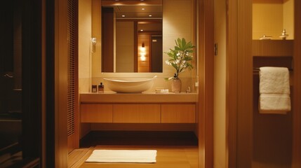 Fototapeta premium Modern bathroom with a white sink, wood cabinets, and a towel on a rack.
