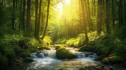 Obraz premium Peaceful stream flowing through a dense forest, with space for copy.