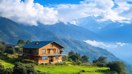 Fototapeta premium Picturesque house in the South Asian mountains, with ample copy space.