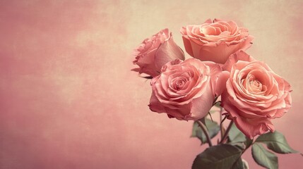 Obraz premium Pink roses elegantly displayed in a vase, with a gentle pink wall in the background, enhancing the floral beauty and elegance.