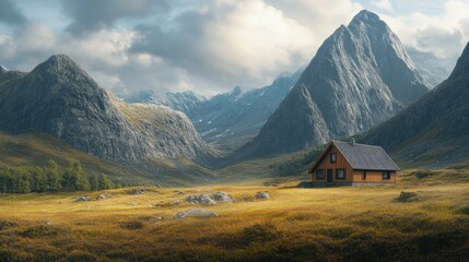 Remote house with a backdrop of towering mountains, leaving space for copy.
