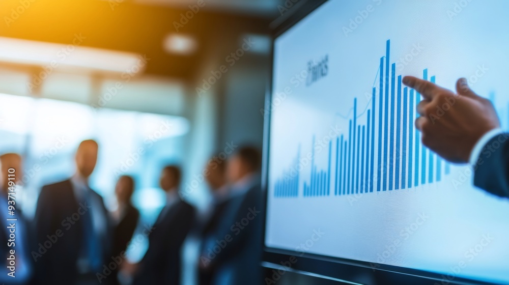 Poster a business analyst presenting a financial graph on a digital whiteboard to a group of executives in 