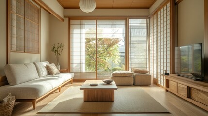 Serene Japanese living room with a minimalist style, reflecting the understated beauty and tranquility of traditional Japanese design.