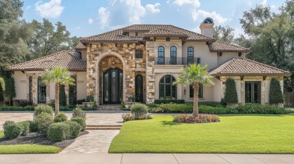 Obraz premium A luxurious Mediterranean-style home with a stone facade, terracotta roof, and lush landscaping.