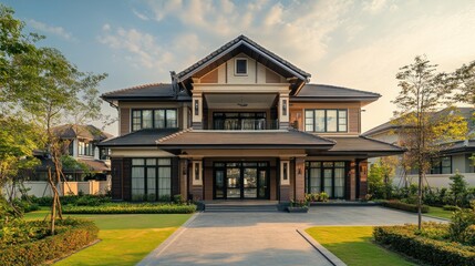 Naklejka premium Modern luxury house with a large front yard, driveway, and lush landscaping.