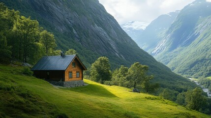 Obraz premium Small mountain house in a lush valley, with ample copy space.
