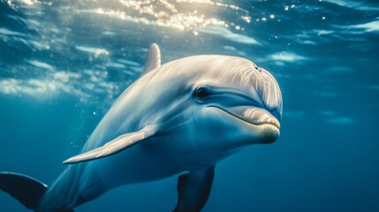 Fototapeta premium A close-up of a dolphin's face as it surfaces, its curious eyes and smooth skin glistening in the sunlight.