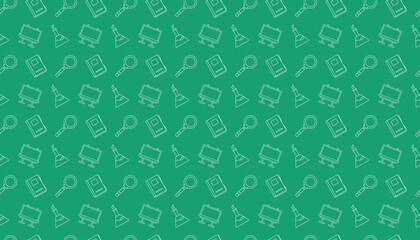 School stationary items pattern background. Seamless school supplies pattern on green background. Perfect for use in print media such as wrapping paper, cover, packaging, textile print