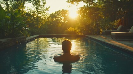 Man Relaxing in Pool at Sunset