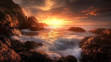 Obraz premium Stunning sunset over a rocky coastline, with space for text.