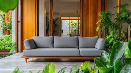 Stylish gray sofa in front of a minimalist home with modern wooden doors, framed by vibrant green plants and contemporary design.