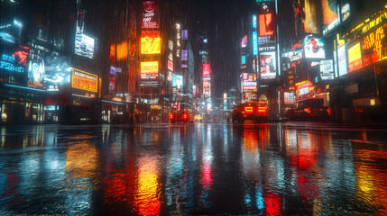 Vibrant Urban Nightscape with Neon Lights and Reflections on Rainy Streets
