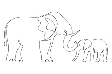 Continuous single one line drawing of baby elephant and mom wildlife animal outline vector illustration

