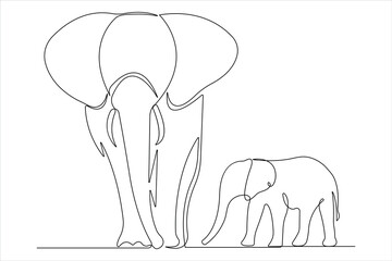 Continuous single one line drawing of baby elephant and mom wildlife animal outline vector illustration

