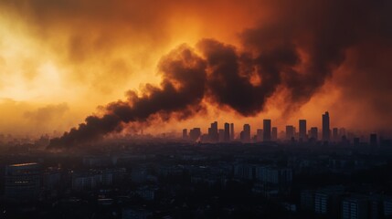Obraz premium A dense cloud of smoke rolling over a city skyline at dusk, symbolizing urban pollution and industrial impact.