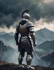 Naklejka premium Knight in Armor Standing on Mountaintop with Dramatic Clouds