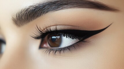 Obraz premium A detailed shot of a woman's eye, showcasing perfectly applied eyeliner and long, voluminous lashes, with a subtle hint of eyeshadow.
